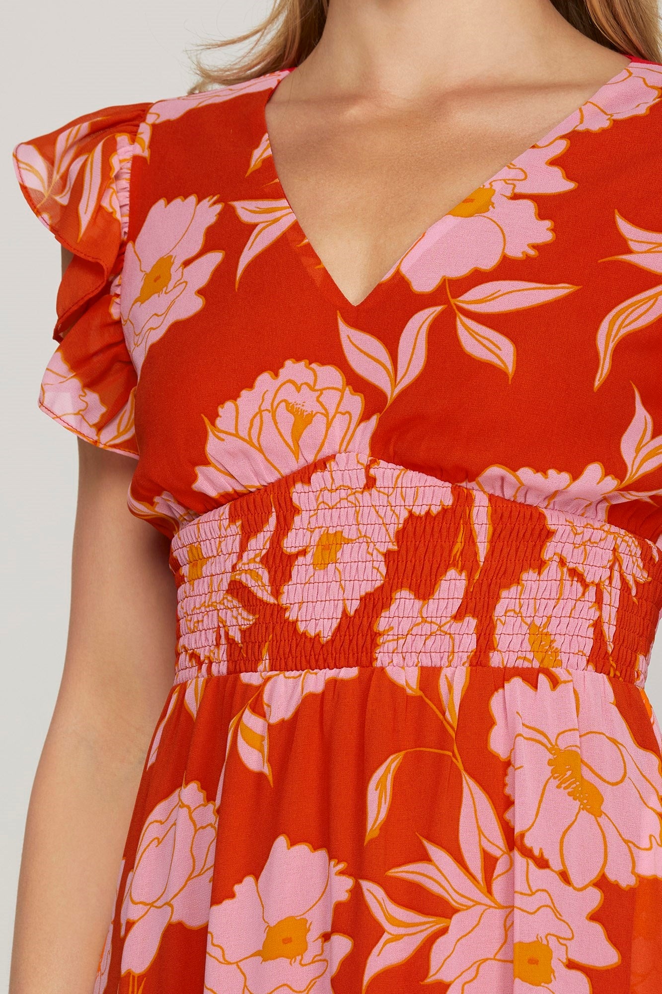 Red Floral Print Chiffon Dress