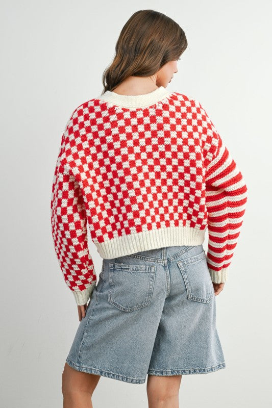 Ivory/Raspberry Striped Cardi