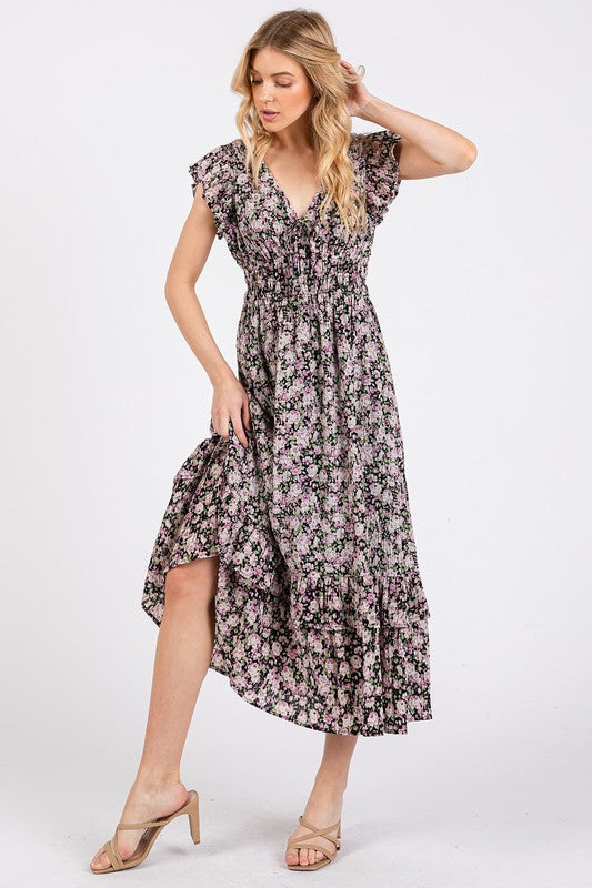 Black Floral Print Ruffle Dress