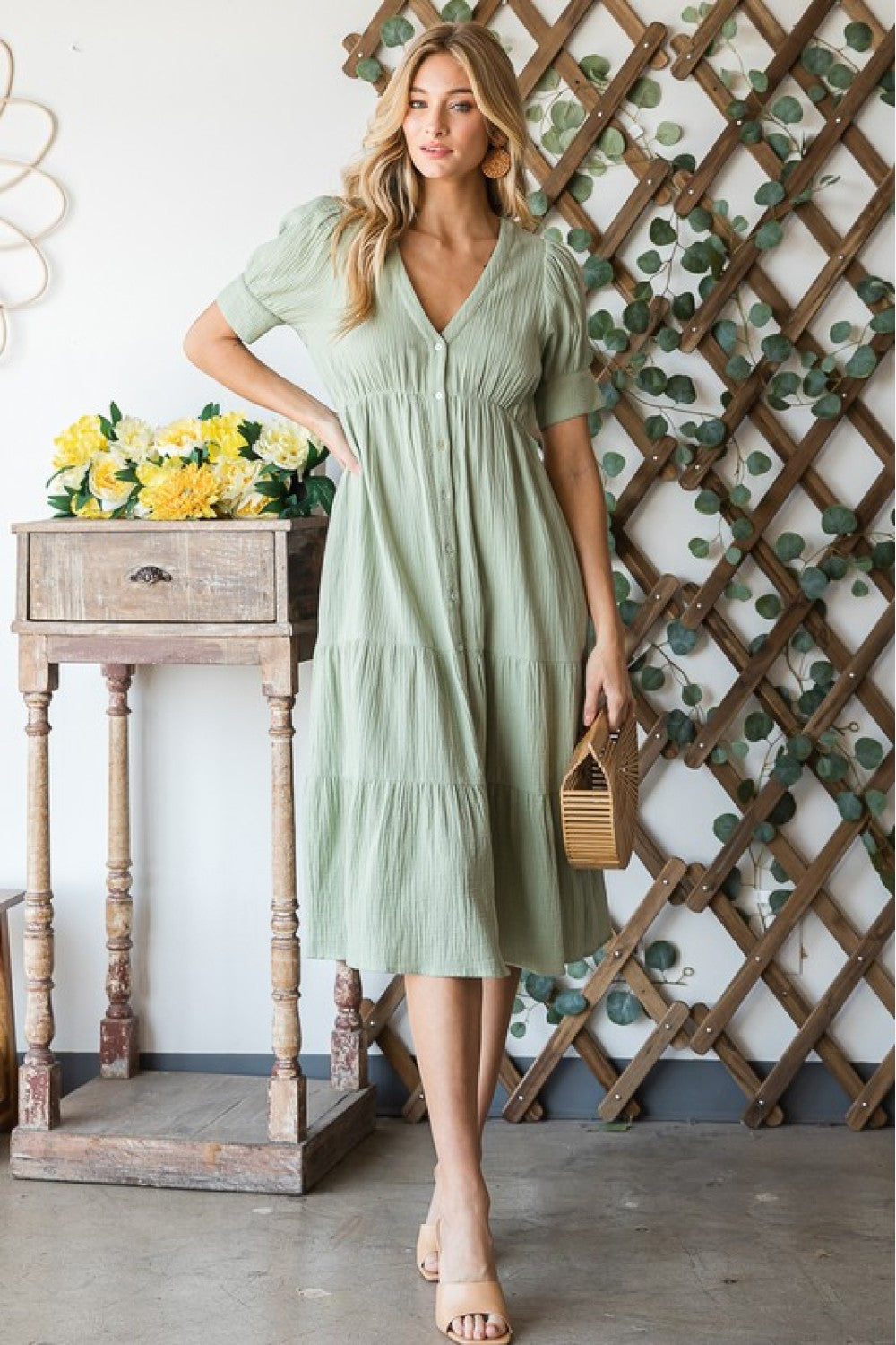 HEYSON Full Size Lilac Breeze Gauze Button Front Midi Dress in Sage
