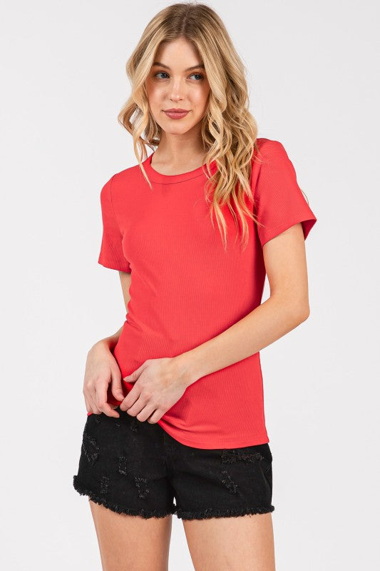 Red Ribbed Basic Tee