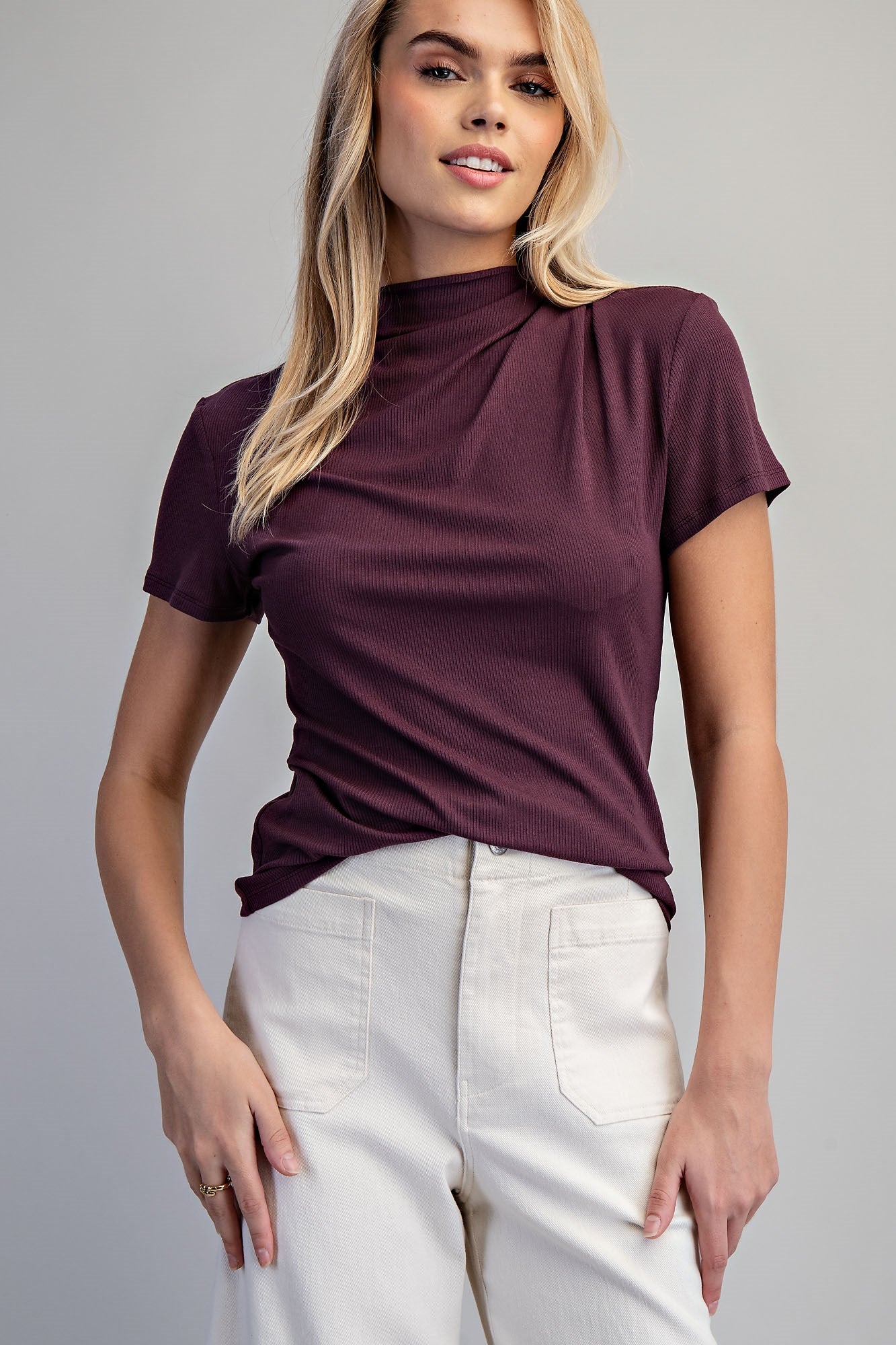 Red Bean Mock Neck Short Sleeve