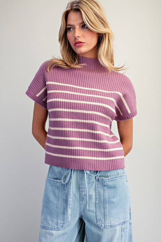Plum Striped Mock Neck Sweater