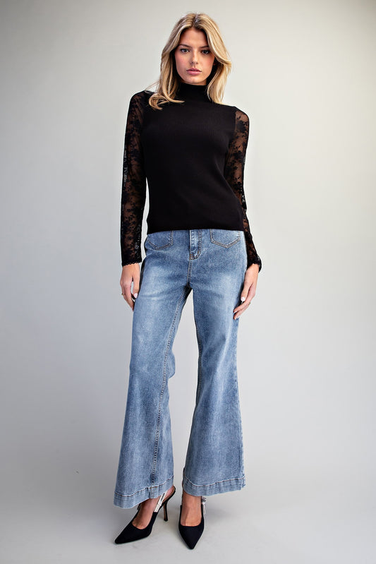 Black Lace Mock Neck Sweater