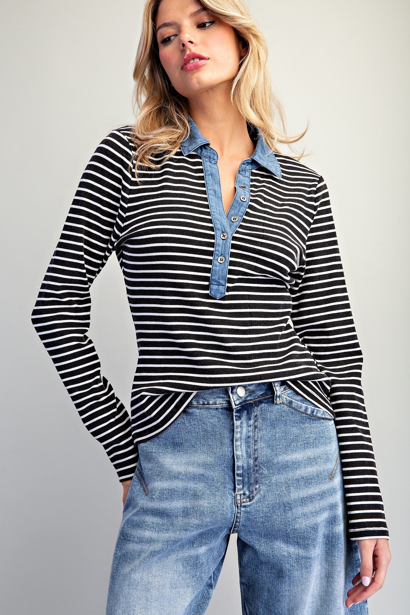 Black Striped Denim Contrast Top