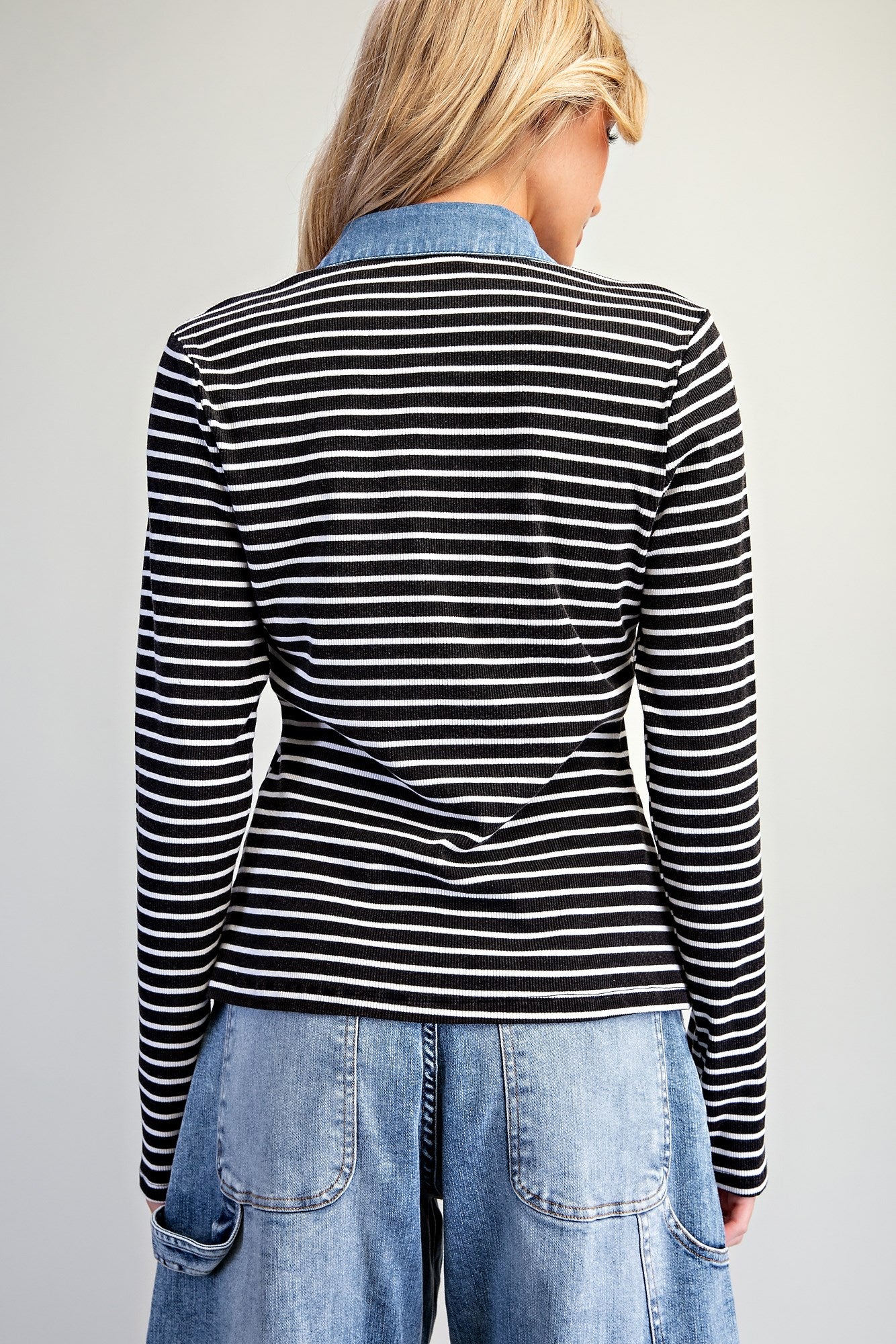 Black Striped Denim Contrast Top