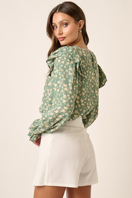 Sage Floral Ruffle Top