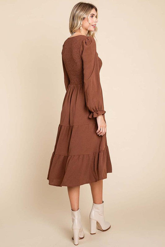 Black/Brown Smocked Midi Dress