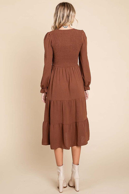 Black/Brown Smocked Midi Dress