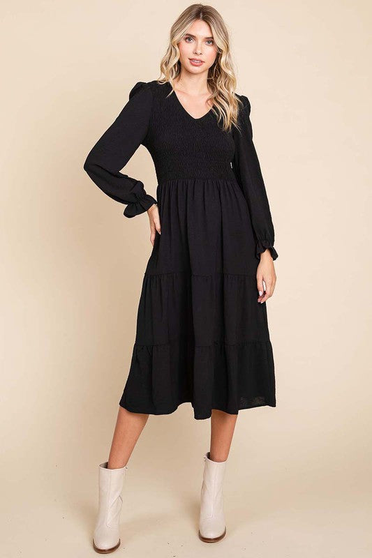 Black/Brown Smocked Midi Dress