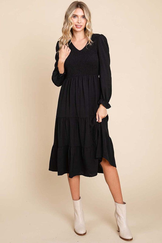 Black/Brown Smocked Midi Dress