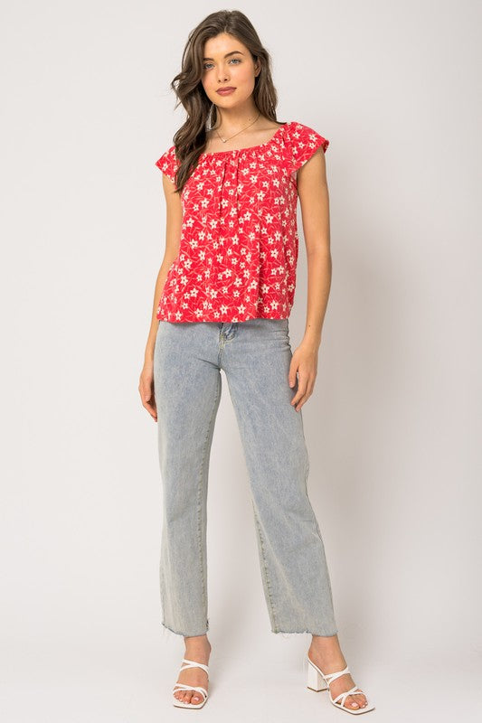 Red Ditsy Short Sleeve Top