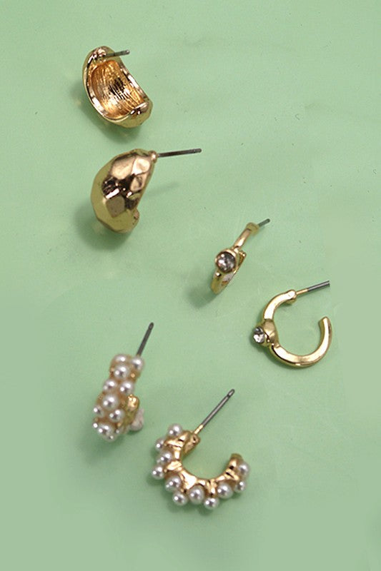 Trio Pearl Diamond Cut Huggie Earrings