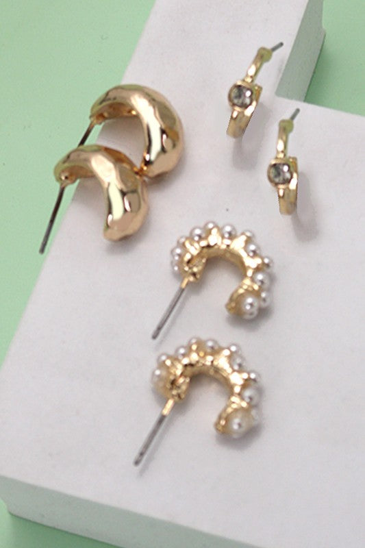 Trio Pearl Diamond Cut Huggie Earrings