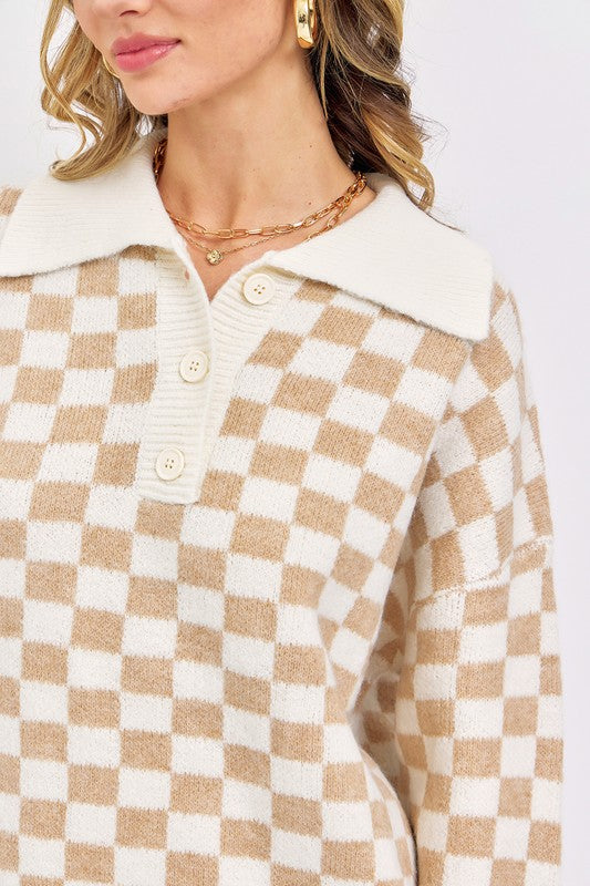 Beige Half Button Check Sweater
