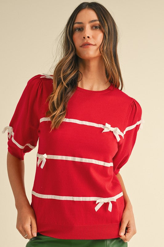 Striped Bow Red Sweater