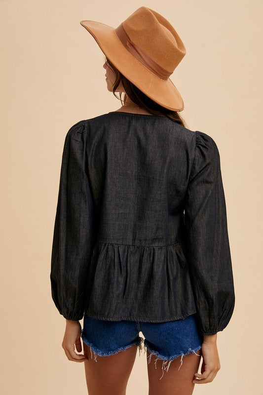 Black Denim Bow Top