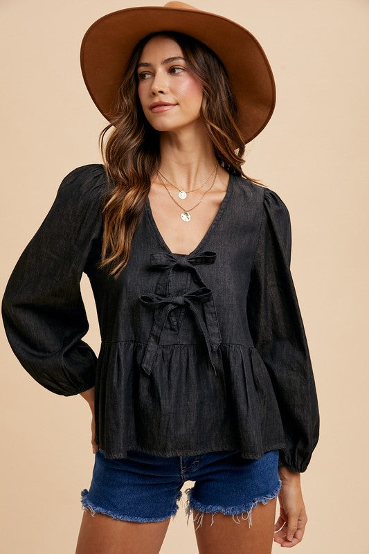 Black Denim Bow Top