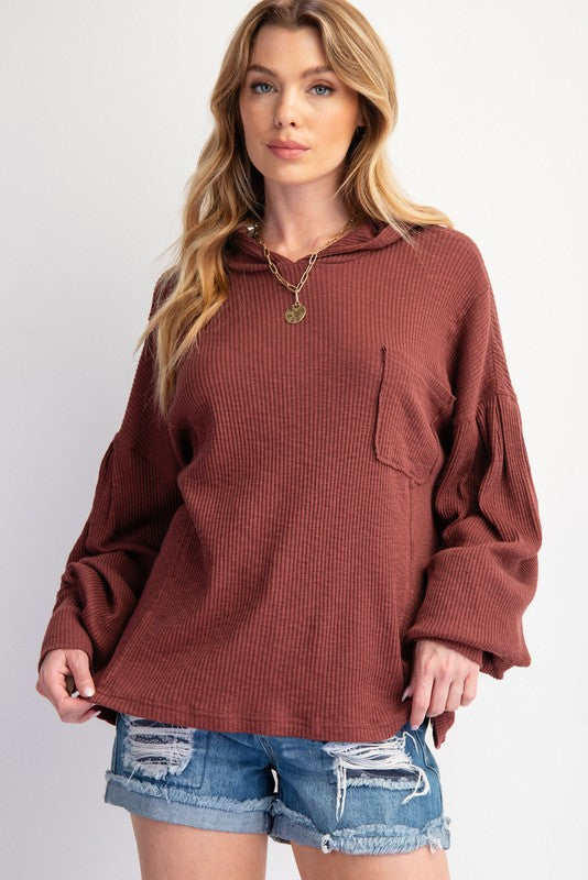 Wine Ribbed Knit Hoodie