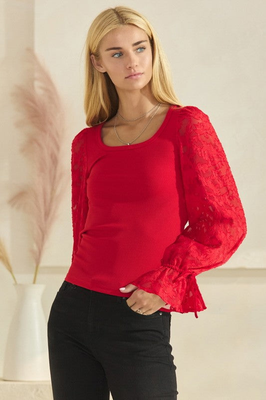 Red Contrast Jacquard Top
