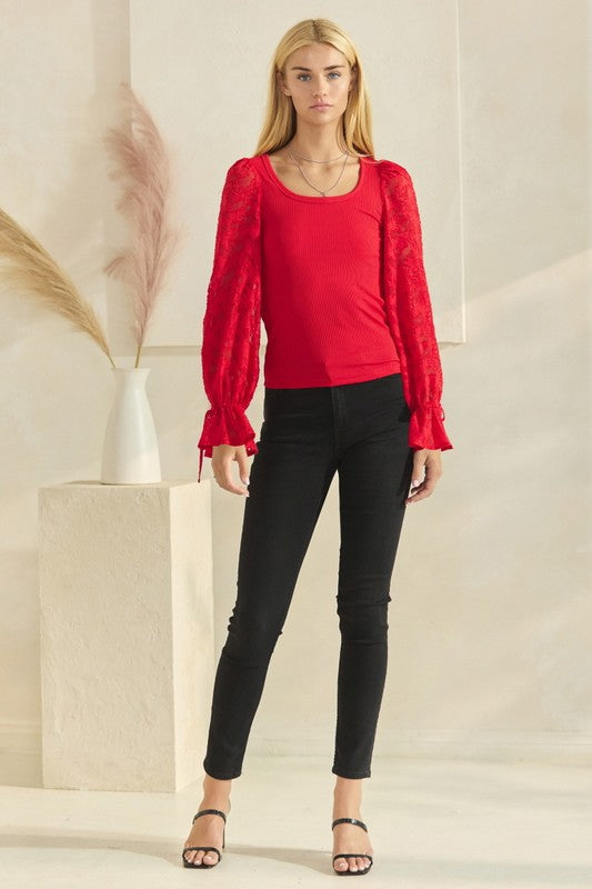 Red Contrast Jacquard Top