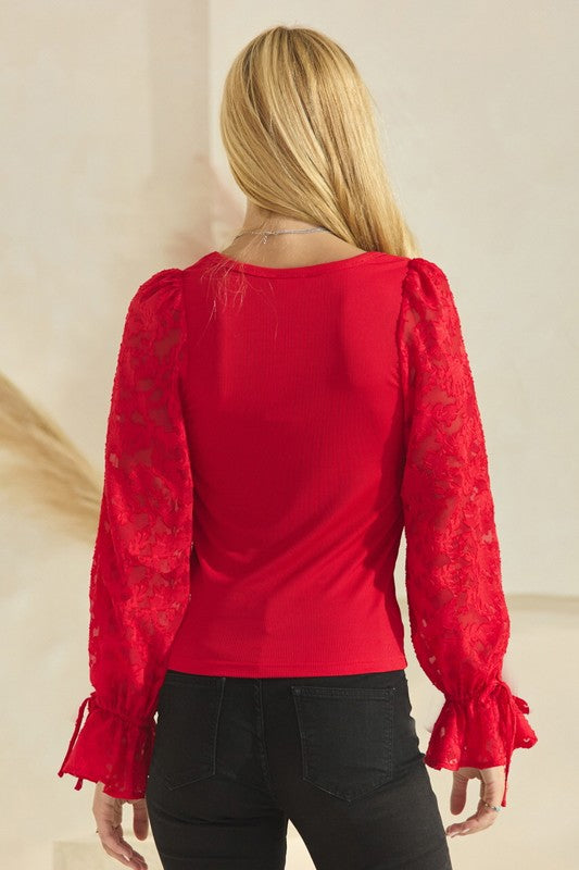 Red Contrast Jacquard Top