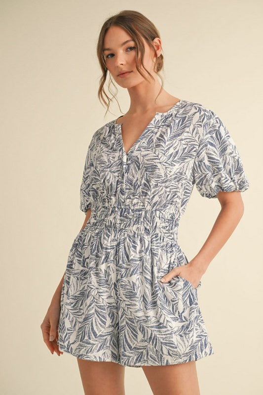 Navy Print Pocket Romper