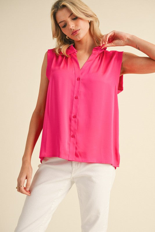 Fuchsia Satin Button Up
