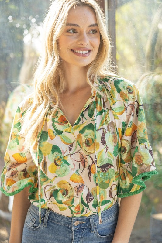 Green Fringe Detail Floral Top