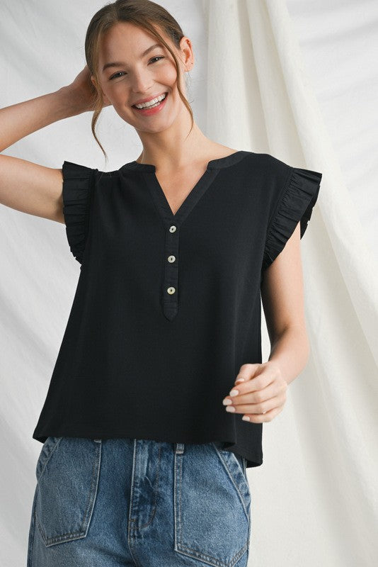 Black Ruffle Cap Sleeve
