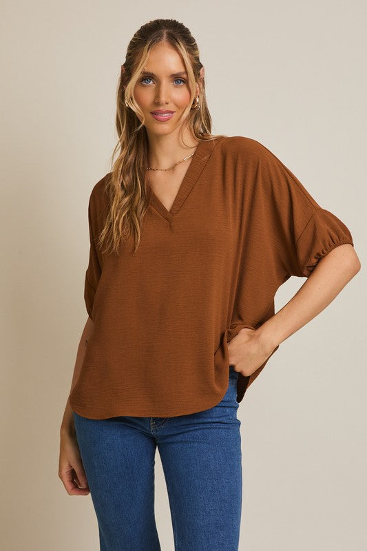 Mocha V-Neck Puff Sleeve