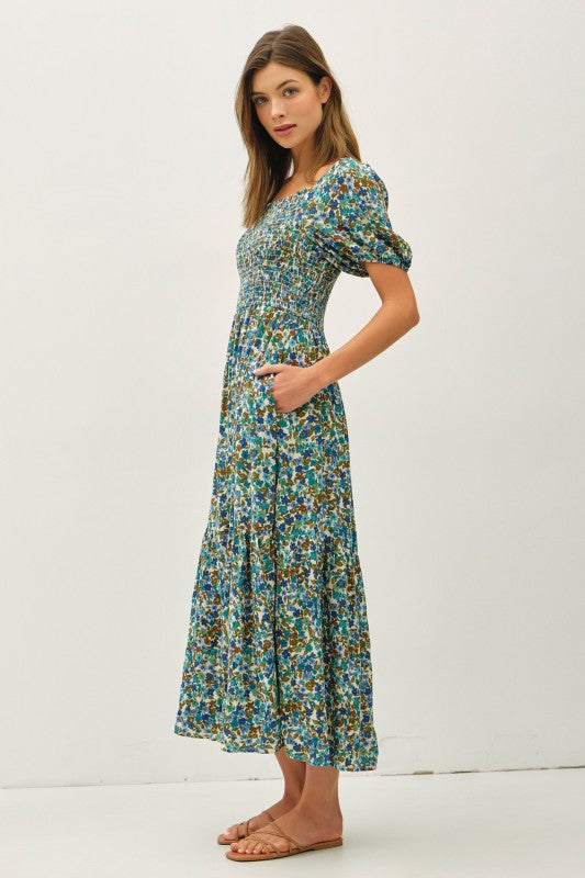 Blue Floral Smocked Bodice Dress