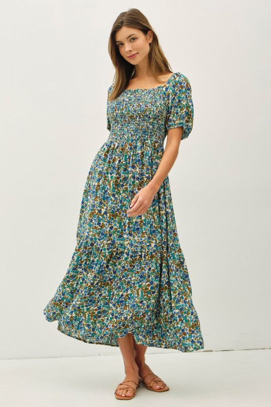 Blue Floral Smocked Bodice Dress