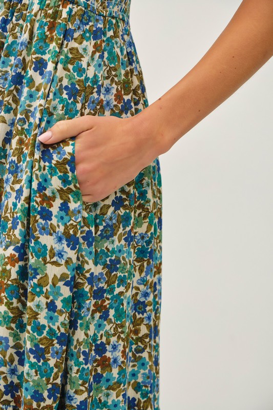 Blue Floral Smocked Bodice Dress