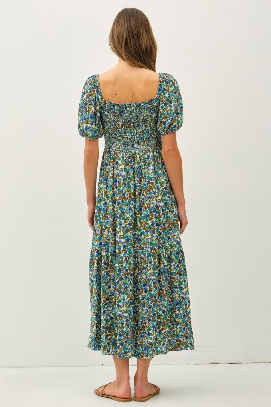 Blue Floral Smocked Bodice Dress