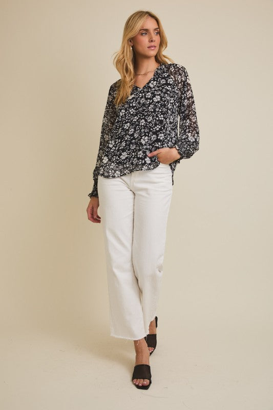Black/Ivory Floral V-Neck