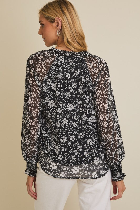 Black/Ivory Floral V-Neck