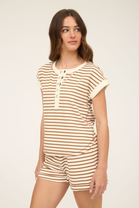 Sand Short Sleeve Stripe Henley