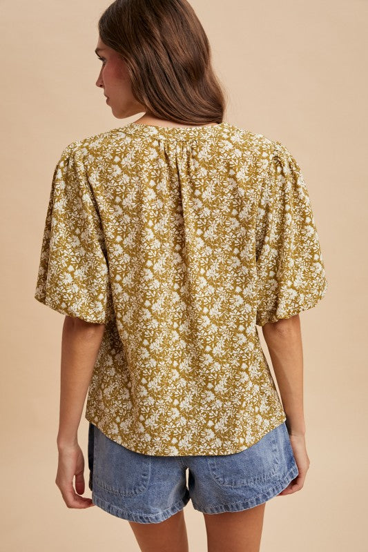 Golden Olive Puff Sleeve Blouse