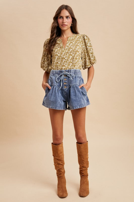 Golden Olive Puff Sleeve Blouse