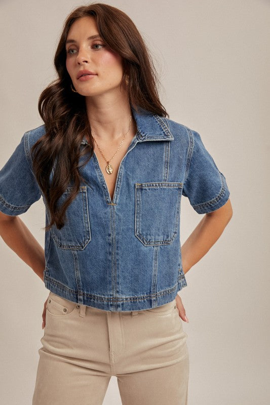 Boxy Denim V-Neck Top