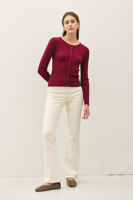 Wine/Oatmeal Ribbed Button Cardi