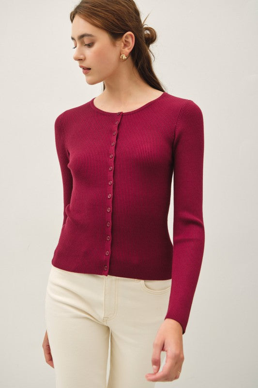 Wine/Oatmeal Ribbed Button Cardi