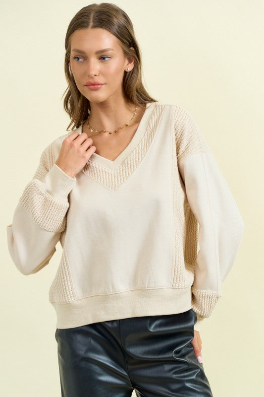 Vintage White/Grey Mixed Media Pullover