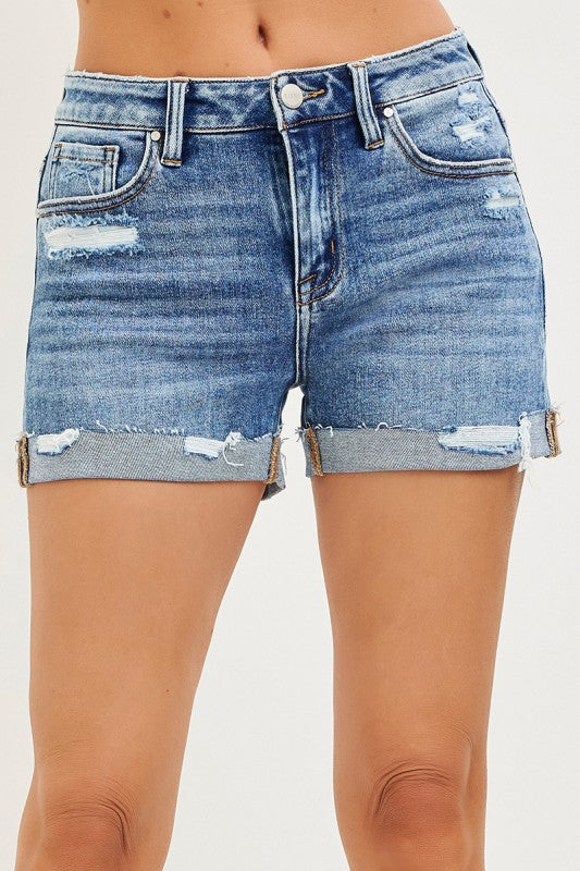 Mid Rise Risen Med Wash Shorts