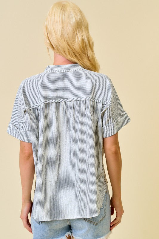 Black Stripe Shirring Top