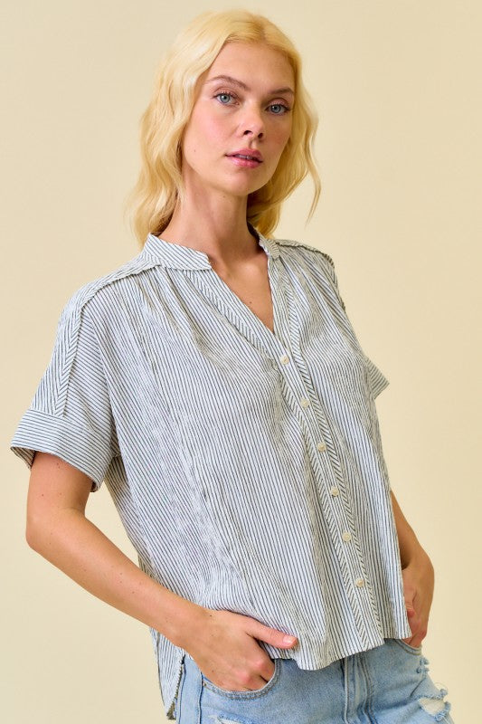 Black Stripe Shirring Top