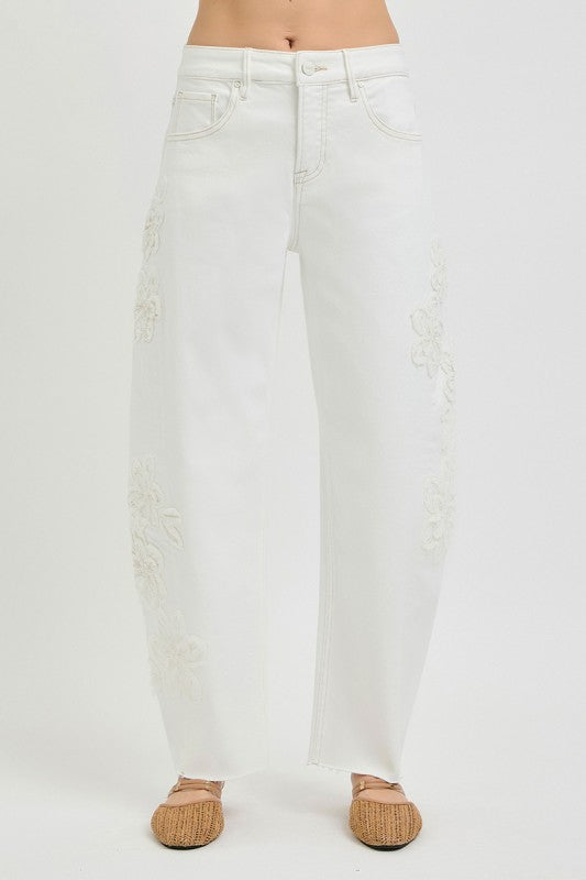 Risen Barrel Floral Patch Denim