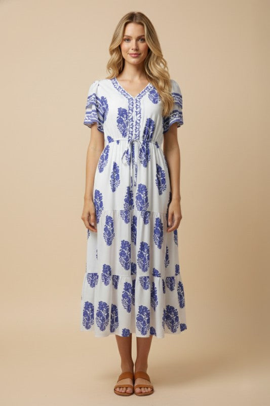 Blue Block Print Midi Dress