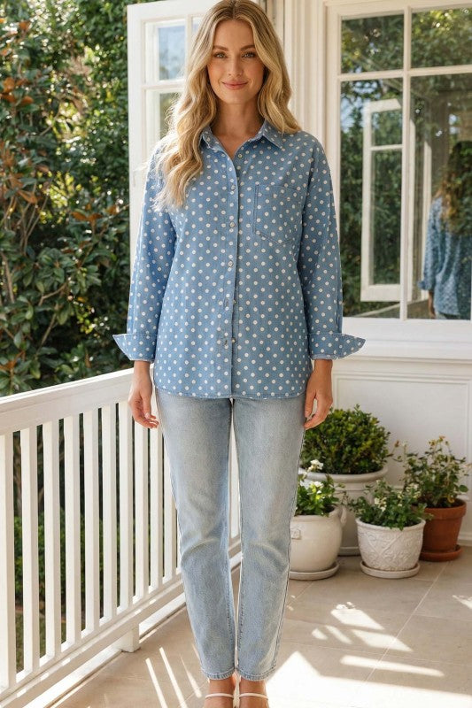 Polka Dot Long Sleeve Denim Shirt